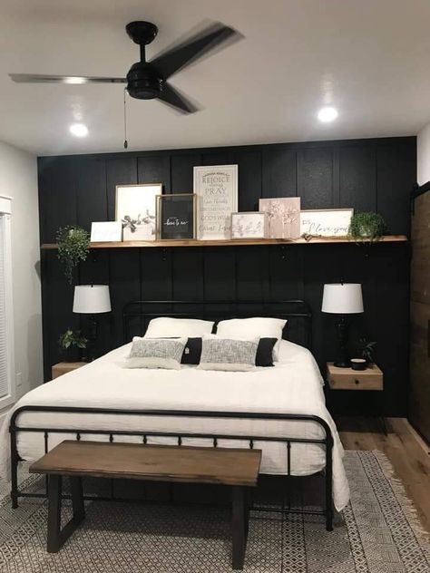 Accent Wall With Black Bed, Black Wall Modern Bedroom, Guest Bedroom Blank Wall, Modern Farmhouse Bedroom Black Bed, Black Wall Guest Bedroom, Guest Bedroom Gaming Room, Bedroom Ideas With A Black Wall, Cozy Masculine Bedroom Ideas, White Bedroom Black Accent Wall