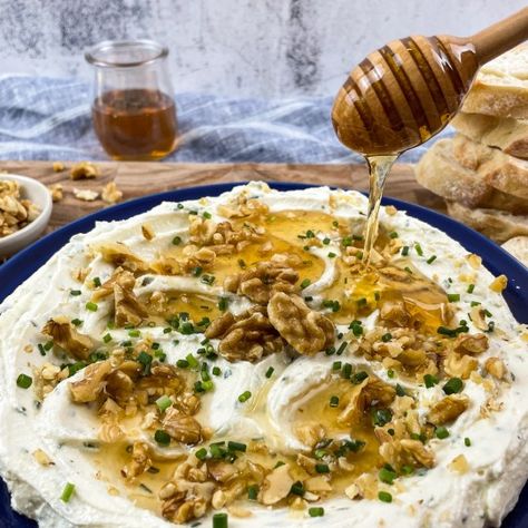 Whipped Feta with Honey and Walnuts ~ Rhubarb & Lavender Whipped Feta With Honey, Feta With Honey, Honey Appetizers, Savory Cheesecake, Light Appetizers, Feta Dip, Whipped Feta, Roasted Cherry Tomatoes, Toasted Walnuts