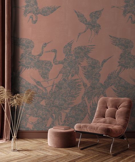 Blue Heron Wallpaper, Heron Wallpaper, Wallpaper Art Deco, Chinoiserie Wallpaper, Herons, Art Deco Wallpaper, Burnt Sienna, Blue Backdrops, Wallpaper Trends