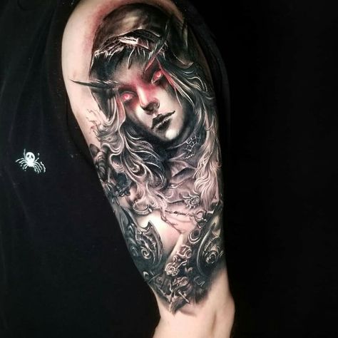 Sylvanas Tattoo, Horde Tattoo, Sylvanas Windrunner, Wolf Tattoo Sleeve, For The Horde, Warcraft Art, Gaming Tattoo, Sleeves Ideas, Wolf Tattoo