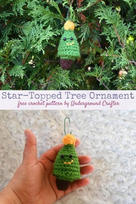 Free pattern: Star-Topped Tree Ornament by Underground Crafter | This crochet Christmas tree ornament pattern will add a smile to your face. It’s a great stashbuster that can be made with small amounts of 3 colors of medium weight yarn. This is the first pattern in the third annual #giftstravaganzacal, 33 days of free patterns for holiday gift ideas made with 3 skeins of yarn or less! Crochet Christmas Tree Patterns, Elves Decorations, Christmas Tree Ornament Pattern, Crochet Christmas Tree Ornament, Christmas Crochet Crafts, Christmas Tree Patterns, Crochet Christmas Tree, Winter Holiday Crafts, Traditions To Start