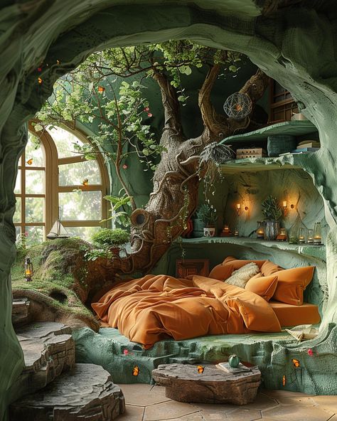 Forest Home Interior, Forest Cabin Interior, Surreal Bedroom, Druid House, Forest Room Aesthetic, Nature Rooms, Tree Interior Design, Forest Room Decor, Surreal Architecture