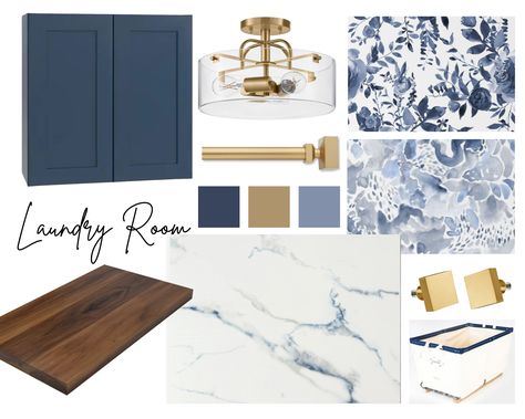 Blue Floor Laundry Room, Blue Cabinets In Laundry Room, Navy And Gold Laundry Room, Navy Laundry Room Ideas, Blue Farmhouse Laundry Room, Blue And Gold Laundry Room, Dusty Blue Laundry Room, Cobalt Blue Laundry Room, Laundry Room Gold Accents