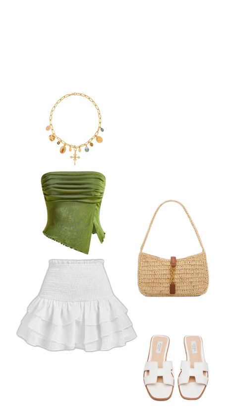 Summer outfit idea, white skirt, green top Green Top White Skirt, Barcelona Outfits, White Skirt Outfits, Short Skirts Outfits, Skirt Outfit, White Skirt, Green Top, Green Shirt, Green Tops