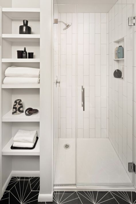 Guest Bathroom Renovations - Modern - Bathroom - DC Metro - by Jordan Design-Build Group | Houzz Small Guest Bathroom With Shower Walk In, Small Bathroom With Linen Closet, Sink Toilet Shower Bathroom Layout, Towel Niche In Bathroom, Towel Closet In Bathroom, Bathroom Closets And Shelving, Shower With Closet Next To It, Bathroom Lining Closet, Very Small Full Bathroom