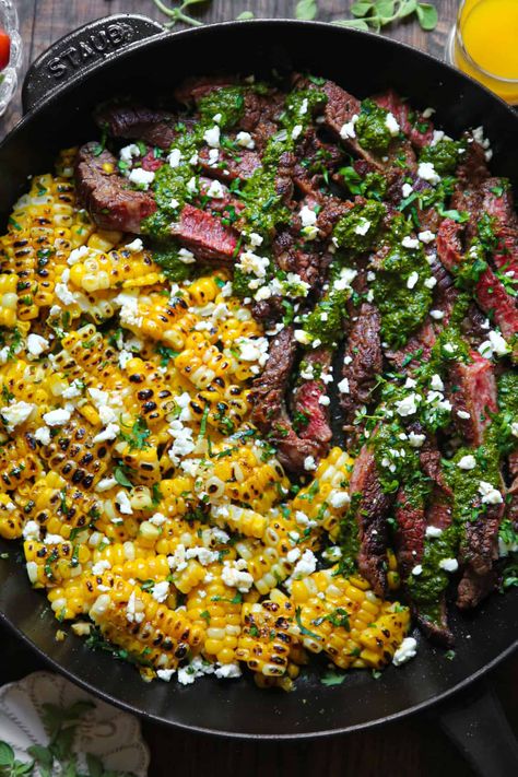 Flank Steak with Corn, Feta Cheese, and Spinach Sauce - in a cast iron skillet. Spinach Sauce, Skillet Dinner Recipes, Flank Steak Recipes, Bacon Sausage, Summer Produce, Yellow Corn, Cilantro Lime Chicken, Baked Garlic, Garlic Butter Chicken