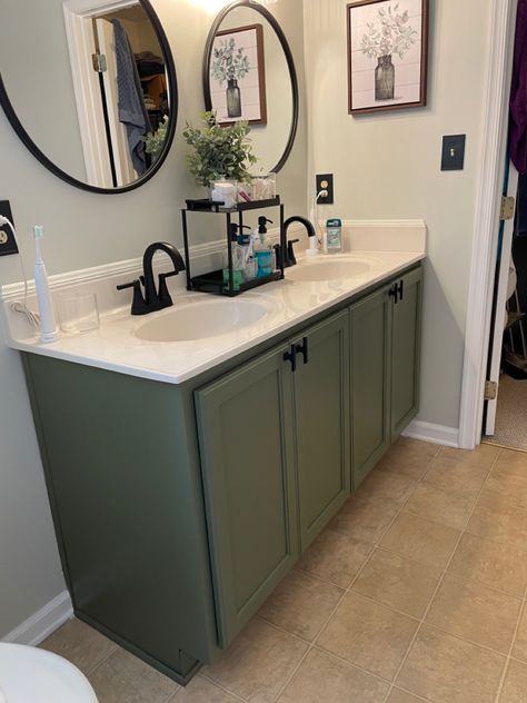 Green Cabinets Bathroom, Light Green Bathrooms, Charcoal Bathroom, Grey Bathroom Floor, Bathroom Cabinet Colors, Bathroom Cabinet Makeover, Grey Bathroom Cabinets, Dark Green Bathrooms, Green Bathroom Vanity