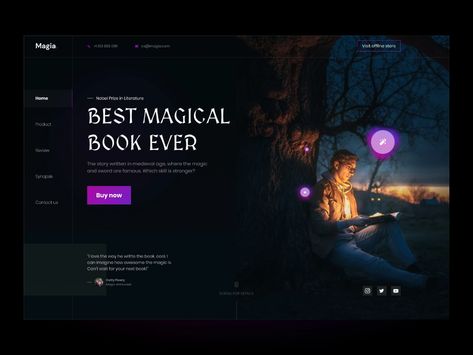 Magia: A magical book-selling homepage by Faris Muhtadi 🧙🏻‍♂️ on Dribbble Magic Website, Presentation Website, Directory Design, Nobel Prize In Literature, Product Presentation, Magical Book, Magic Design, Homepage Design, Dark Mode