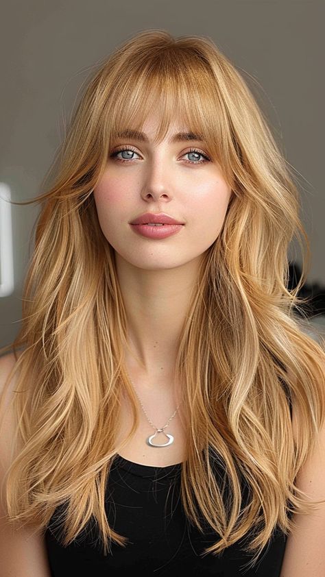 Strawberry Blonde Hair Makeup Ideas, Bangs Strawberry Blonde Hair, Long Strawberry Blonde Hair With Bangs, Strawberry Blonde Hair Bangs, Cool Toned Strawberry Blonde Hair, Strawberry Blonde Bangs, Strawberry Blonde Curtain Bangs, Strawberry Blonde With Bangs, Blonde Hair Bangs