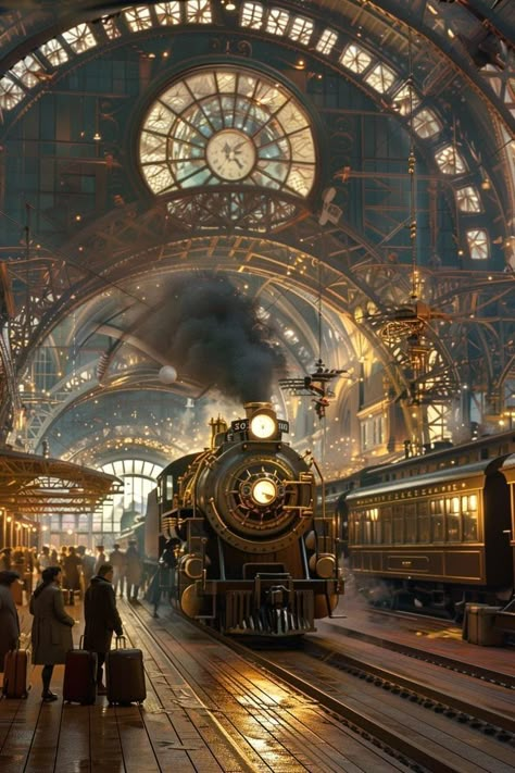 Around The World In 80 Days Aesthetic, Steampunk World Art, Steampunk Concept Art, Steampunk Tech, Fantasy Structures, Ville Steampunk, Steampunk Train, Steampunk Architecture, Steampunk World