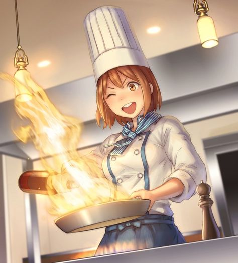 1girl :d anbe_yoshirou blue_neckerchief blue_skirt bottle brown_eyes brown_hair buttons chef_hat chef_uniform cooking fire from_below frying_pan hat highres holding holding_bottle indoors kitchen light long_sleeves neckerchief one_eye_closed open_mouth pepper_shaker pouring shirt short_hair skirt smile solo stove striped_neckerchief white_shirt Cooking Pose Reference Drawing, Anime Chef, Chef Girl, Solo Stove, Female Chef, Chef Uniform, Costume Noir, Girl Cooking, Eyes Brown