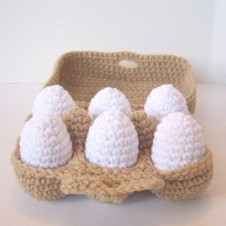 Half dozen crocheted eggs by craftyanna, via Flickr Crochet Velcro Food, Crochet Egg Carton Free Pattern, Easy Crochet Food, Crochet Food Pattern Free, Crochet Play Food Free Pattern, Crochet Food Free Patterns, Crochet Cheese, Crocheted Eggs, Cheese Baguette