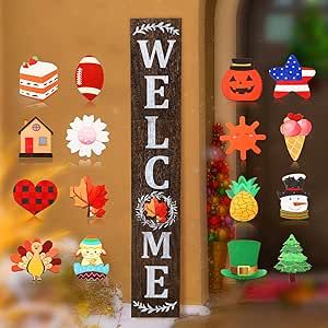 Welcome Sign for Front Door, Interchangeable, Outdoor, Welcome Sign for Front Porch Decorations, Wood Porch Sign with 16 Seasonal Icons for Decor (Brown Backing) Front Porch Decorations, Large White Vase, Welcome Porch Sign, Wood Porch, Sign For Front Door, Outdoor Welcome Sign, Porch Decorations, Wooden Welcome Signs, Front Door Porch