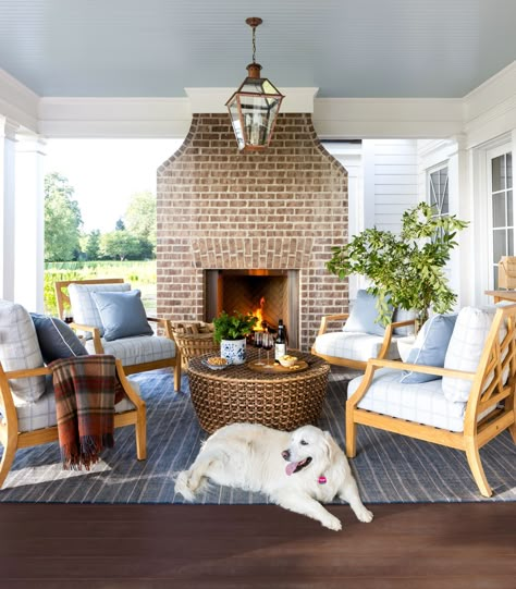 2021 Idea House: Step Inside Our Dreamy Kentucky Home | Southern Living Fireplace Seating Area, Wellborn Cabinets, Fireplace Seating, Porch Fireplace, Design Darling, Southern Living Homes, House With Porch, Brick Fireplace, Outdoor Fireplace