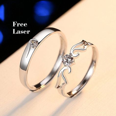 "Welcome to JewelryCustonShop ! This Angel's Wing couples ring set can be engraved name, date, letters, numbers, Roman numbers, symbol,etc INSIDE of the ring, up to 12 characters per ring. For example, you can engrave like this: Jack & Cara 06.18.18 ♡ VI. VII.XVII Please leave TEXT for engraving in \"Personalization\" section or leave a note when checking out. ◆ RING SIZE: IT CAN BE ADJUSTED TO THE SIZE COMFORTABLE TO YOUR FINGER !! Her: Open ring,adjustable size, adjustable from US size 3 - 9 H Couple Rings With Names Engraved, Couple Rings Platinum Engagement Unique, Couple Promise Rings Matching Set Stainless Steel, Promise Ring Sets Couple, Couple Ring Design Silver, Promise Rings For Couples Matching Set, Cute Promise Rings For Couples, Couples Ring Set Unique, Couple Wedding Rings Unique