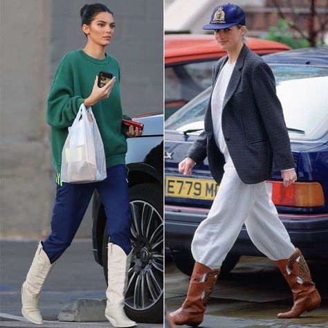 Nearly 30 years after Princess Diana rocked sweatpants with cowboy boots, Kendall Jenner gave the unexpected look her own spin. Would you… Boots And Sweatpants, Kendall Jenner White, Western Boots Outfit, Looks Adidas, White Cowboy Boots, City Outfits, Adidas Track Pants, Princesa Diana, Adidas Track