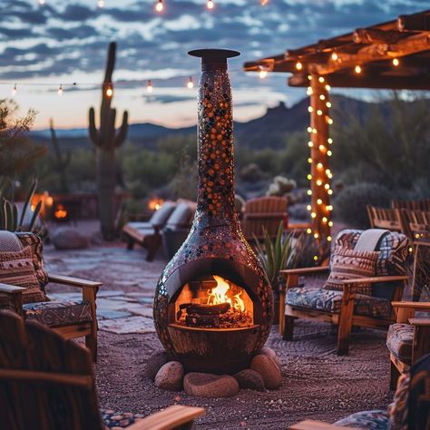 Serene outdoor patio with chiminea, string lights, and inviting chairs, nestled among desert flora, ideal for peaceful nights under the stars. Backyard Chiminea Ideas Patio, Chiminea Ideas Outdoor Spaces, Chiminea Ideas, Chimnea Outdoor, Clay Chiminea, Spanish Patio, Patio Retreat, Night Under The Stars, Desert House