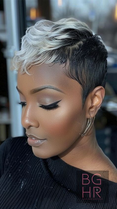 Rock a Sassy Pixie: Trendy Short Hairstyles for Black Women! – Black Girls Hair Rocks Black And White Pixie Hair, Short Box Braids For Black Women, Super Short Pixie Shaved Sides, Color Locs, Pixie Cut With Highlights, Beautiful Short Hairstyles, Super Short Pixie, Black Girls Hair, Short Blonde Pixie