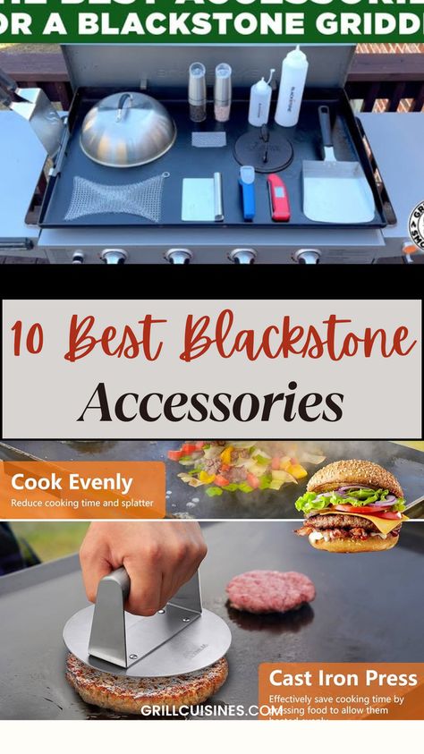 Looking for the best Blackstone Accessories for your outdoor griddle? We've got you covered with this list of must haves tools for Blackstone like a spatula, pizza dome, rib rack, spray bottles, storage cady, Blackstone prep table, and many more. Blackstone Gift Ideas, Blackstone Griddle Accessories, Blacktop Grill Ideas, Blackstone Grill Accessories, Blackstone Accessory Storage Ideas, Blackstone Accessories Storage, Built In Blackstone, Blackstone Accessories, Best Griddle