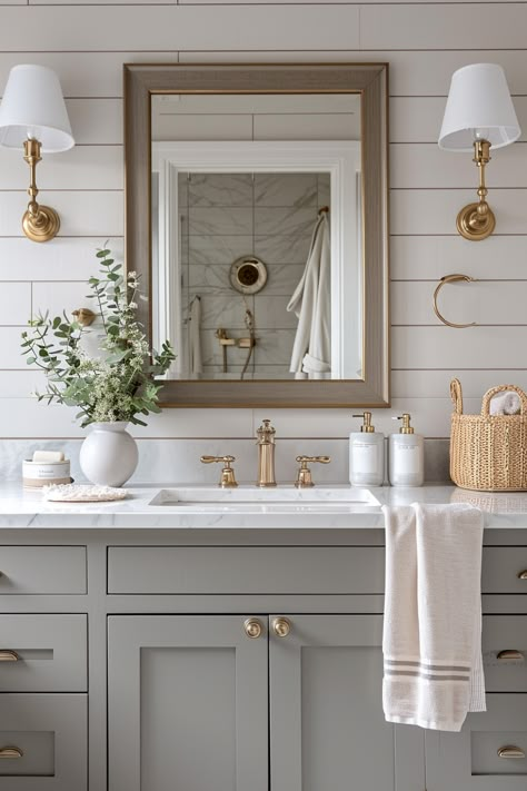 42 Timeless Modern Farmhouse Bathroom Design Ideas Modern Farmhouse Master Bath Bathroom, Vintage Style Bathroom Vanity, Neutral Classic Bathroom, Cottage Bathroom Inspiration Vintage, Modern Farmhouse Toilet Room, Magnolia Home Bathroom Ideas, Hometown Bathroom Hgtv, Modern Traditional Guest Bathroom, Farmhouse Bathroom Cabinet Ideas