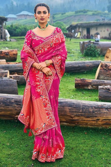 Rani Pink Silk Heavy Designer Saree Rani Pink Saree, Dola Silk Saree, Rani Pink, Party Sarees, Lehenga Style, Wedding List, Elegant Attire, Satin Saree, Utsav Fashion