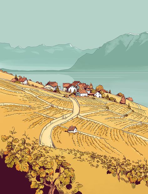 Le Guillon on Behance Village Illustration Art, Cute Landscape Illustration, Land Scape Illustration, Background Art Reference, City And Nature Illustration, City Landscape Illustration, Places To Draw, Small Town Concept Art, Illustrated Backgrounds