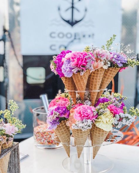 Nicole Troncone on Instagram: “National Ice Cream Day Fun! 🌸🍦 @n.t._designs @cooperbluff @elitetentpartyrental @three.feathers #florist #customdesigner #inthedetails…” Flowers In Ice Cream Cones, Ice Cream Sundae Flower Arrangement, Ice Cream Cone Flowers, Flower Ice Cream Cone, Ice Cream Social Engagement Party, Elegant Ice Cream Party, Ice Cream Cone Flower Arrangements, Ice Cream Dessert Table, Ice Cream Floral Arrangement