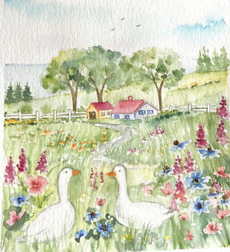 Spring Cards Ideas, Watercolour Meadow, Spring Drawings, Spring Doodles, Soothing Art, Watercolor Meadow, Watercolor Wall Decor, Watercolor Calendar, Miniature Watercolor