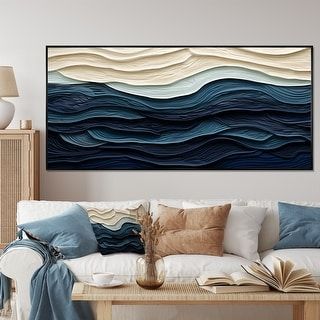 Designart "Blue And White Coastal Wave S Edge" Coastal Minimalism Blue Wall Decor Coastal Living Room Framed Canvas Art - Bed Bath & Beyond - 40779003 Blue And White Coastal, Beach Canvas Wall Art, Blue Wall Decor, Living Room Design Inspiration, Woven Wall Art, Textured Art, Wood Home Decor, Coastal Wall Art, Beach Wall Art