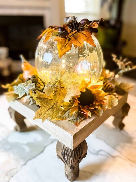 How to Make a Glass Pumpkin DIY from a Round Vase - Amy Sadler Designs Diy Glass Pumpkin, Glass Pumpkin Decor Ideas, Fall Round Table Decor, Glass Pumpkin Centerpiece, Glass Pumpkin Decor, Fish Bowl Decorations, Glass Bowl Decor, Pumpkin Diy, Bowl Decor