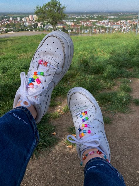 Airforce 1 lace with pearls and beats #lace #airforce1 #nike #pearls #colorful #aesthetic #fun #young #vintage Beads On Shoes, Air Force 1 Aesthetic, Lace With Pearls, Custom Af1, Custom Shoes Diy, Beaded Shoes, Estilo Indie, Indie Girl, Colorful Aesthetic