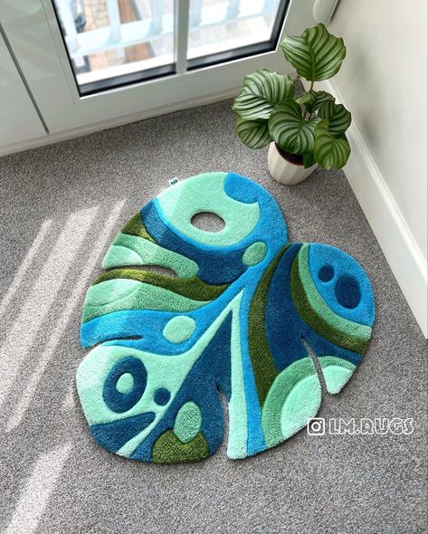 Custom Rug, Monstera, Handmade Monstera Tufted Rug, Monstera Rug Tufting, Rug Tufting Ideas For Beginners, Cool Rug Designs, Tufted Rug Art, Rug Tufting Design, Ocean Rugs, Custom Rugs Design, Cool Rugs For Bedroom