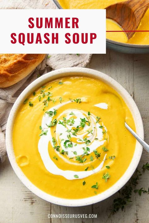 This summer squash soup is thick, hearty, and flavored with savory herbs like rosemary and thyme. It's a great way to use up summer squash from the garden or farmer's market! Squash Soup Recipes, Summer Squash Soup, Heathly Recipes, Healthy Vegan Dinner Recipes, Plant Based Soups, Rosemary And Thyme, Healthy Vegan Dinner, Vegan Dinner Recipes Easy, Squash Soup Recipe