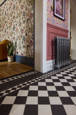 Flooring Transition Ideas, Flooring Transitions, Victorian Entry, Cast Iron Radiator, Iron Radiator, Transition Flooring, Victorian Floor Tiles, Hallway Colours, Entryway Flooring