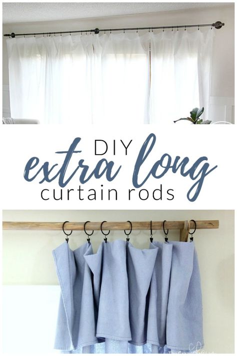 How to DIY your own extra long curtain rods. I've got some completely customizable options to suit any space, no matter what size your windows. Extra Long Curtain Rods, Tension Rod Curtains, Pipe Curtain Rods, Small Curtain Rods, Wooden Curtain Rods, Long Curtain Rods, Custom Curtain Rods, Extra Long Curtains, Diy Curtain Rods