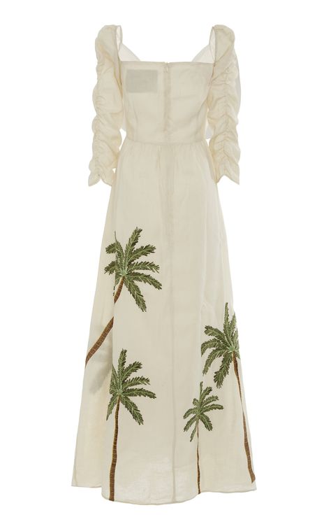 Agua by Agua Bendita America Palm-Detailed Linen Dress Welcome Cocktail, Western Suit, Clothing Guide, Suit Design, Embroidered Maxi Dress, Linen Dresses, Linen Dress, Moda Operandi, Doll Dress