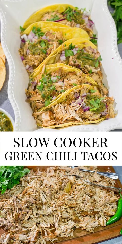 Looking for a good taco recipe? These Slow Cooker Green Chili Tacos are packed with flavor - and they're a real crowd pleaser! Chile Verde Tacos, Green Chili Pork Crock Pot, Recipes With Roasted Green Chilis, Green Chili Pulled Pork Crockpot, Green Chili Chicken Slow Cooker, Green Chili Burritos Crock Pot, Recipes With Green Chilis, Crockpot Green Chili Chicken Tacos, Slow Cooker Green Chili Pork