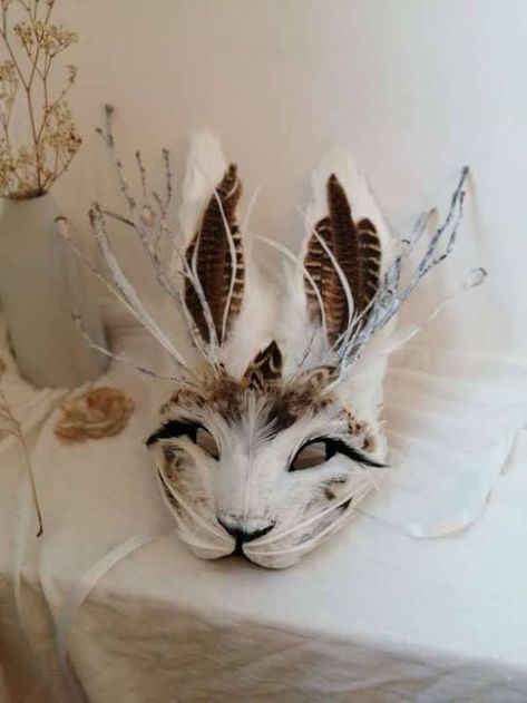 Animal Masquerade Costumes, Rabbit Masquerade Mask, Rabbit Therian Mask, Animal Mask Ideas, Jackalope Costume, Animal Masks Masquerade, Bird Masquerade Mask, Animal Masquerade Mask, Festival Masks