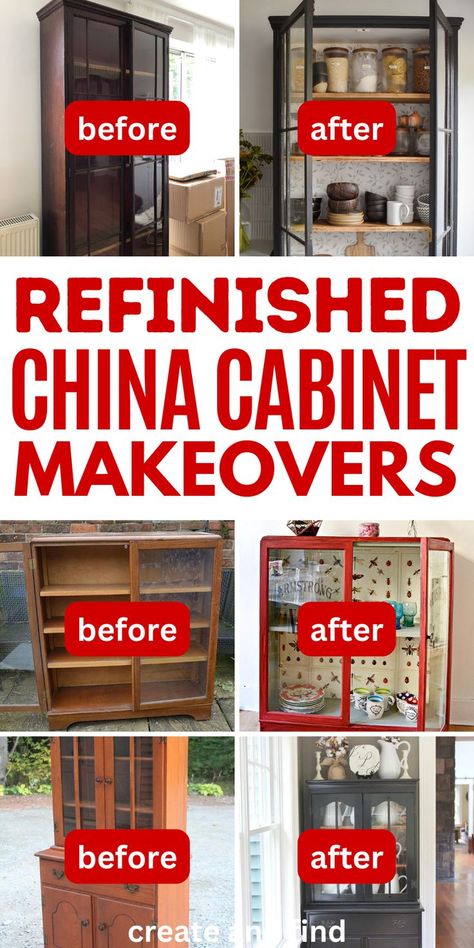 Refinished China and curio cabinet ideas and tips with before and after photos. Cabinet Turned Into Coffee Bar, Bookcase To China Cabinet, Unique China Cabinet Ideas, Updating A China Cabinet, Curio Cabinet Pantry, Turn China Cabinet Into Bar, China Cabinet Repurposed Ideas, How To Paint A Curio Cabinet, Wallpapered China Cabinet