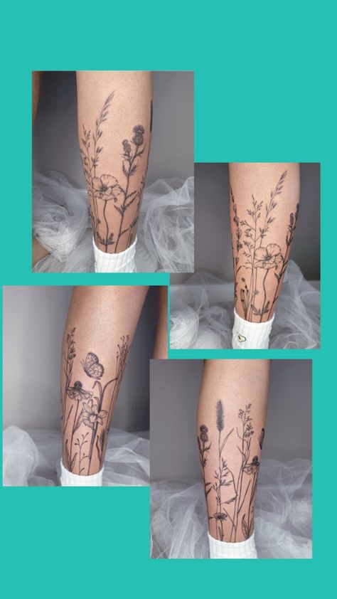 Wildflowers Tattoo, Earthy Tattoos, Tattoo Leg, Wildflower Tattoo, Mushroom Tattoos, Calf Tattoo, Leg Tattoo, Time Tattoos, Tattoo Stencils