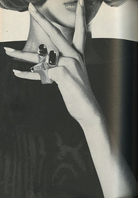 "Calm hands - lit with silvery coolness"  Photograph by Ken Haak from Vogue, September 15, 1963. -- via sighsandwhispers Photo Hacks, Ellen Von Unwerth, Jewelry Photoshoot, Modernist Jewelry, Jewelry Ads, Georg Jensen, Jewelry Photography, 1960s Fashion, Moda Vintage