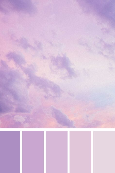 Dreamy Sky: A pastel purple sky with soft, wispy clouds, capturing the serene and ethereal essence of a pastel purple color palette. Soft Lavender Color Palette, Soft Purple Color Palette, Pastel Purple Palette, Purple Palette Colour Schemes, Purple Pink Color Palette, Pastel Purple Color Palette, Ethereal Color Palette, Pastel Color Palette Soft, Violet Palette