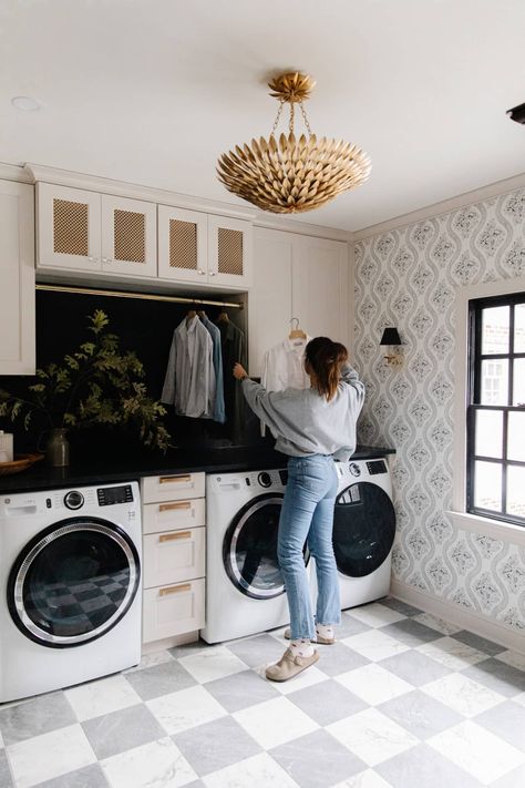 Reveal: The Long-Awaited Modern Colonial Laundry Room - Chris Loves Julia Colonial Laundry Room, Laundry Room Lighting, Colonial Kitchen, Laundry Room Wallpaper, Dream Laundry Room, Large Laundry Rooms, Laundry Room Sink, Modern Colonial, Mudroom Laundry Room