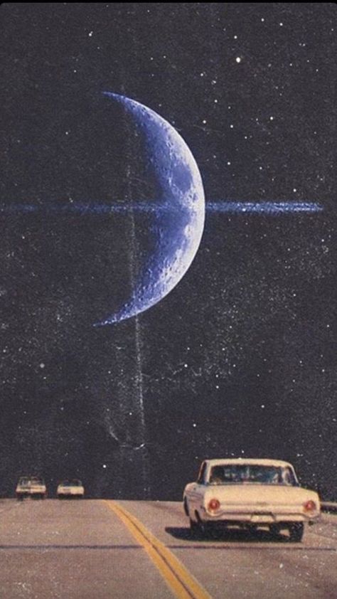 Space Retro Wallpaper, Cars In Space Aesthetic, Retro Moon Aesthetic, Car In Space Aesthetic, Retro Space Background, Retro Space Aesthetic Wallpaper, Retro Space Wallpaper, Retro Futurism Wallpaper, 60s Art Vintage