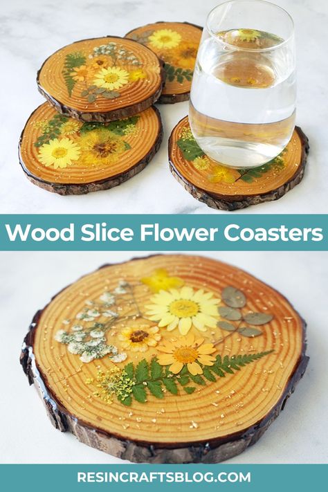 Pressed Flower Coasters Diy, Flower Epoxy Coaster, Pressed Flower Coasters, Epoxy Flower Tray, Pressed Flower Tray, Wood Epoxy Coasters, Wood Coaster Art, Epoxy On Wood, Epoxy Flowers Diy