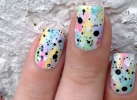 splattered pastel and black nails Gothic Easter Nails, Black Easter Nails, Pastel Color Nails, Easter Nail, Easter Nail Art, Easter Nails, Pastel Goth, Black Nails, Nail Colors