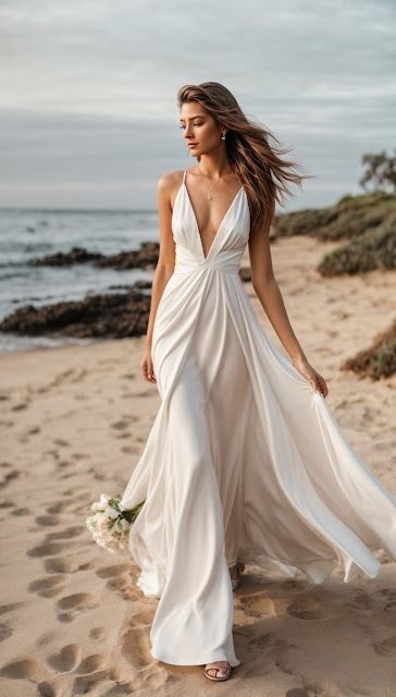 15 Beach Wedding Dresses For Every Type of Bride: The Best 2024 Ideas Beach Wedding Dress Not White, Simple Beach Wedding Dress With Sleeves, Champagne Beach Wedding Dress, Beachy Vow Renewal Dress, Beach Wedding Dress Bride, Beach Wedding Renewal Dress, Beach Renewal Of Vows Dress, Beach Vow Renewal Dresses, Wedding Beach Dresses