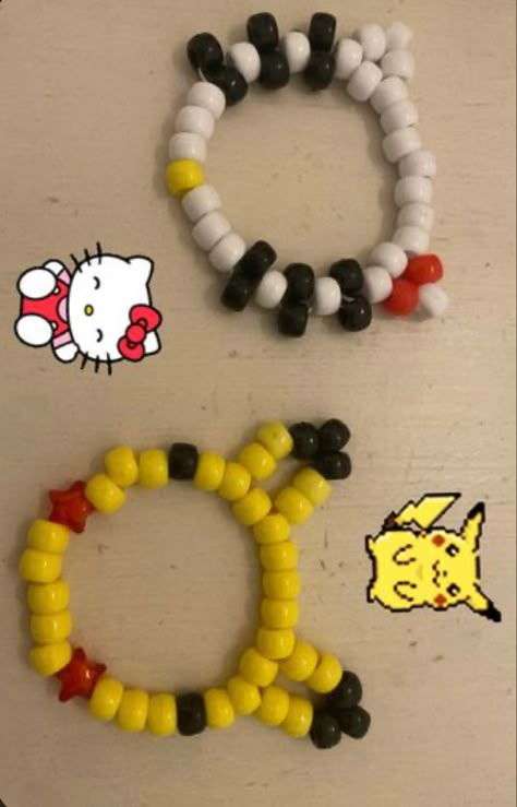 🎀⭐️ Womp Womp Bracelet, Pikachu Bracelet, Matching Kandi Bracelets, Hello Kitty Kandi, Rave Bracelets, Pulseras Kandi, Kandi Cuff Patterns, Pony Bead Projects, Kandi Inspo