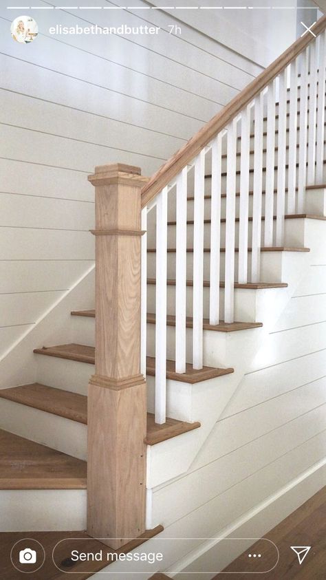 #crafts #diy #stairsmakeover Shiplap Down Basement Stairs, Shiplap Wall Going Up Stairs, Wood Work On Stair Wall, Shiplap Going Up The Stairs, Shiplap In Stairwell, Shiplap On Staircase Wall, Shiplap Under Stairs, Stairway With Landing, Shiplap Stairwell Wall