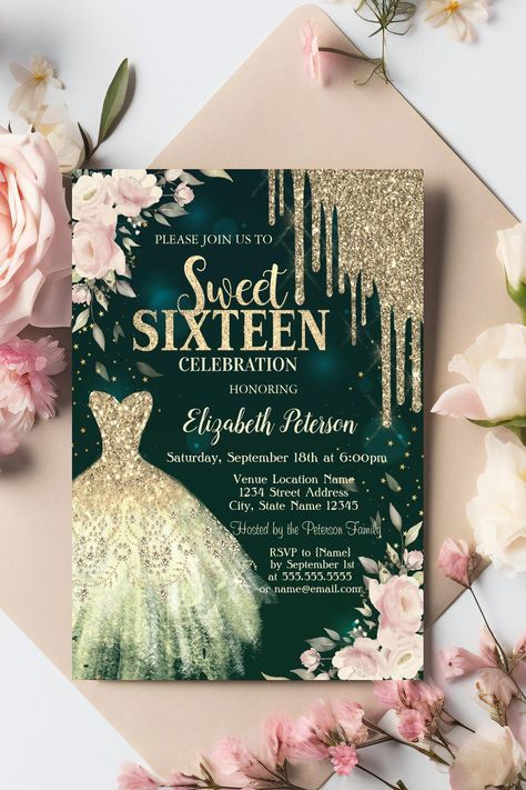 Gold Glitter Drips,Dress,Floral Green Sweet 16 Invitation Green And Gold Sweet 16, Sweet Sixteen Pictures, Green Sweet 16, Sweet 16 Themes, 16 Invitations, Sweet 16 Invitations, Different Shades Of Green, Sweet Sixteen, Dress Floral